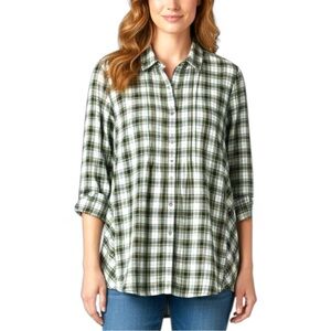 J. Jill Sz MEDIUM Green White Pleated Plaid Soft Flannel Button-Down Shirt